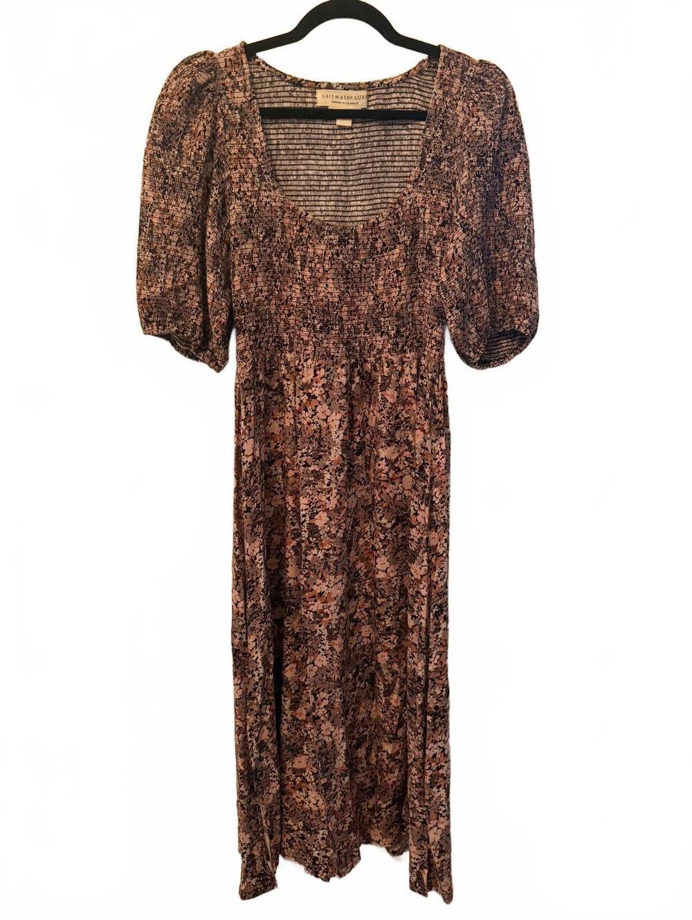 Saltwater Luxe Floral Rayon Midi Dress with Puff Sleeves - Size M